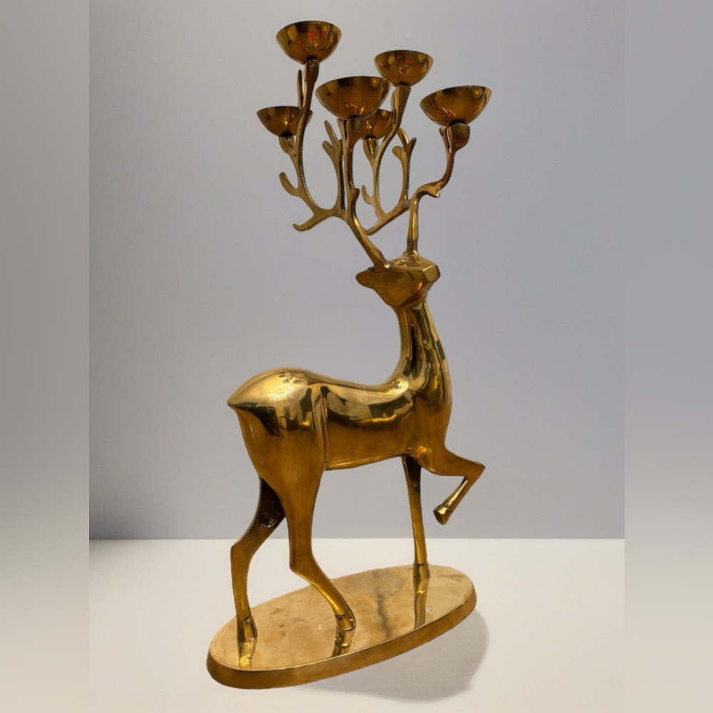Vintage Large Solid Brass Reindeer Candelabra - 6 Cup Antler Candle Holder